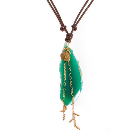'mesha' sliced agate pendant on leather cord - teal