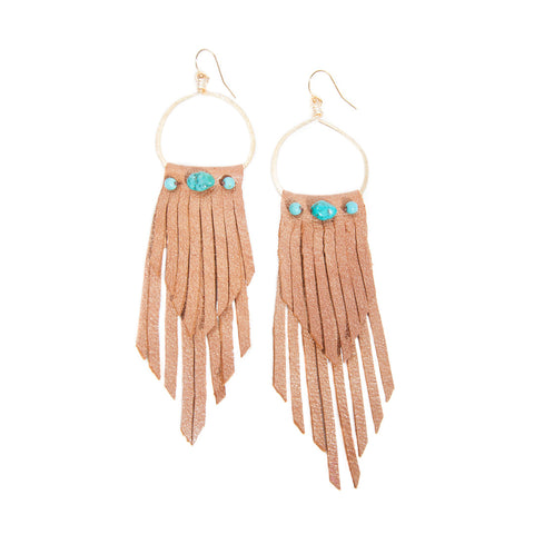 'rosalia' leather fringe earrings with genuine turquoise - tan