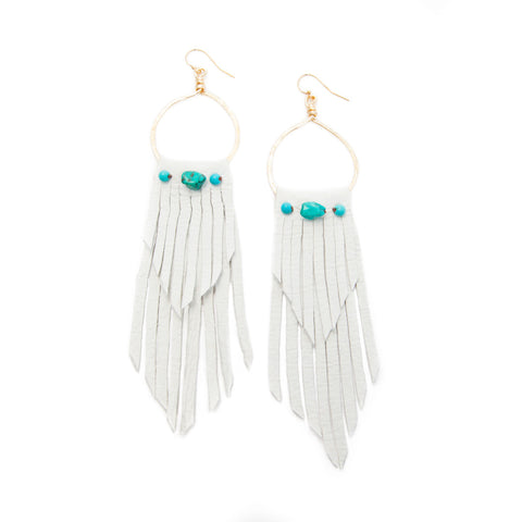 'rosalia' leather fringe earrings with genuine turquoise - white