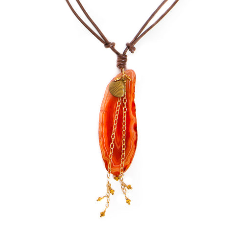 'mesha' sliced agate pendant on leather cord - burnt orange